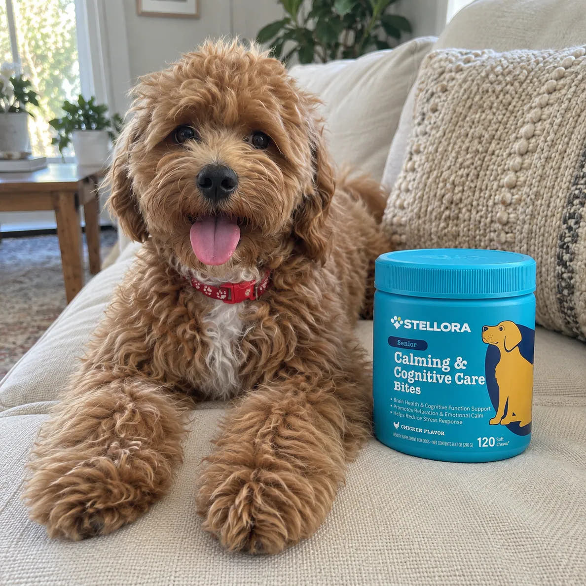 Charlie sitting beside a jar of Calm Bites