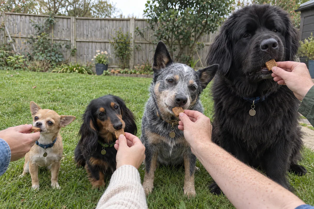 Four dogs of different sizes taking a chew in a garden