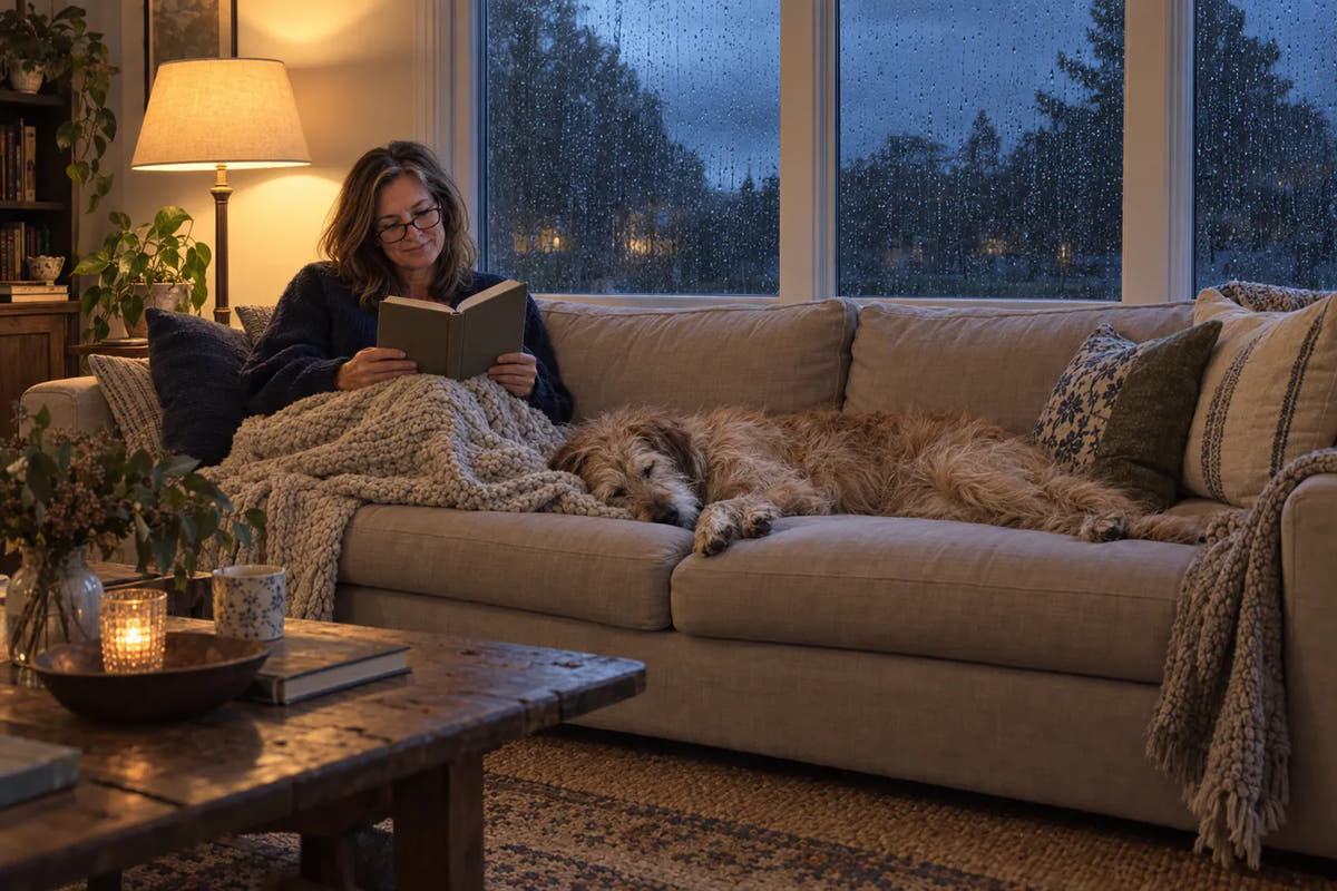 Jessica reading on the sofa while her dog sleeps and rain runs down the window