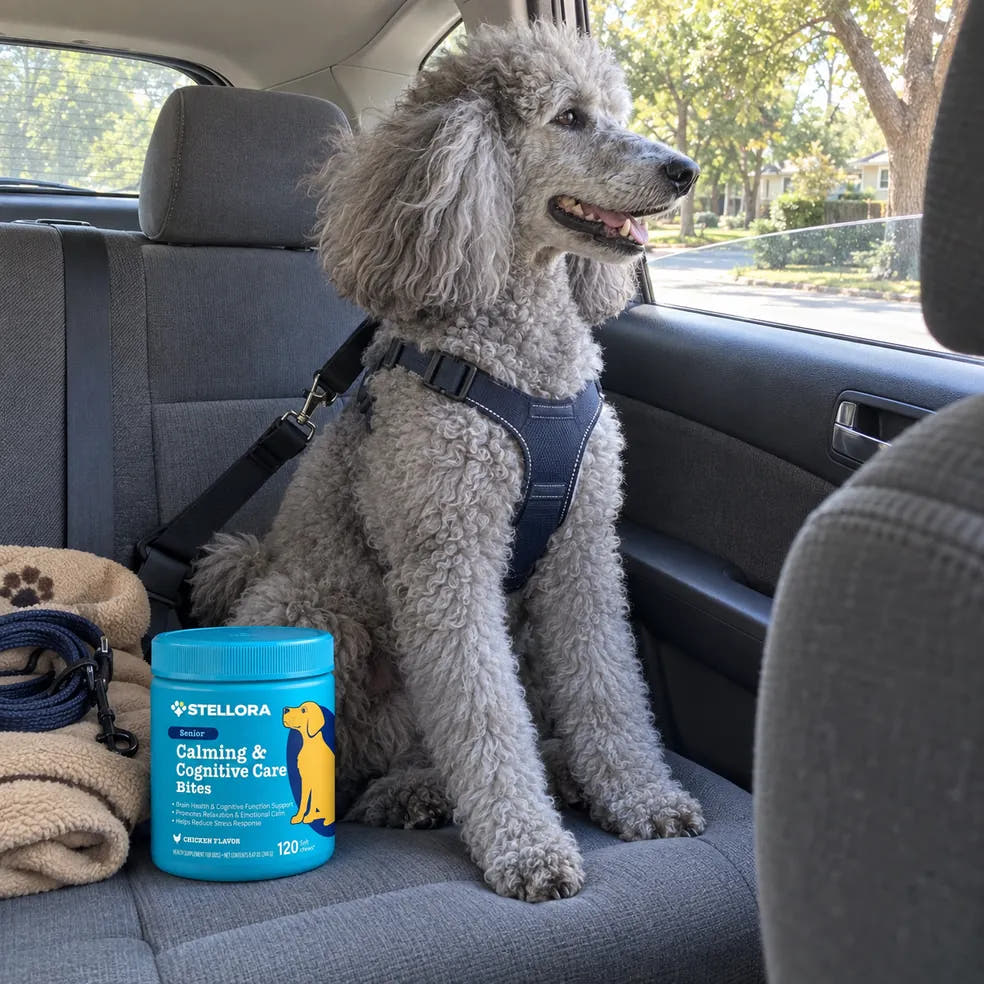 A relaxed dog on a car ride