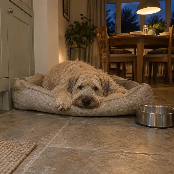 A dog settling on his bed