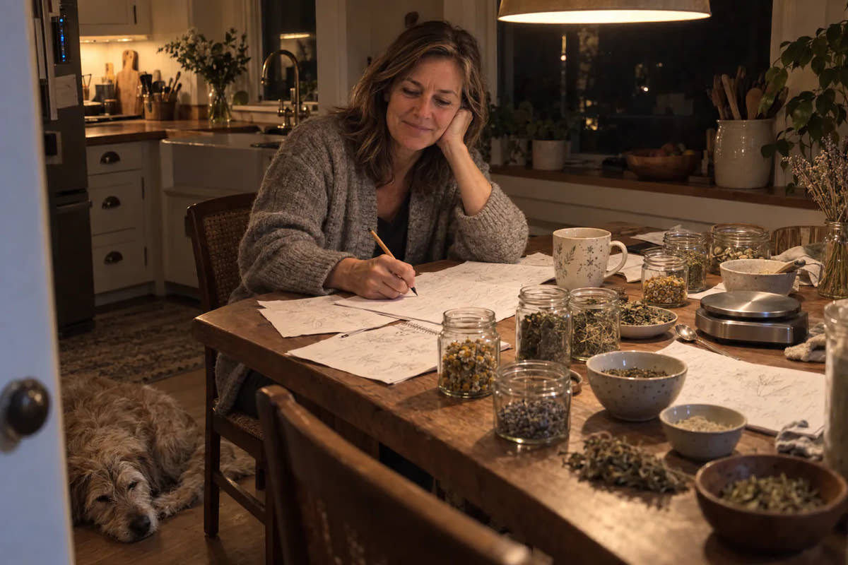 Jessica at her kitchen table at night with notes and ingredient jars