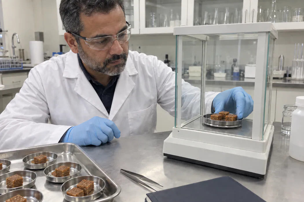 A lab technician weighing a sample