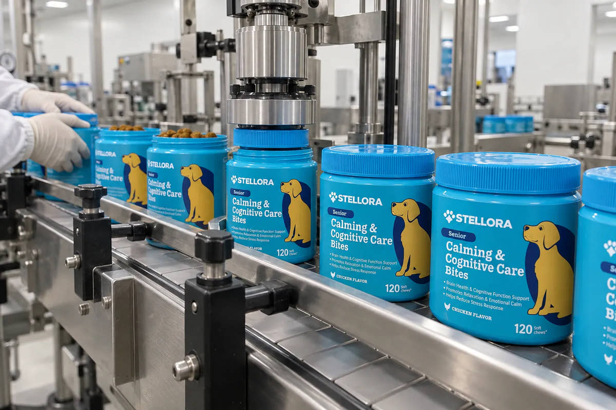 Stellora jars being sealed on a clean production line