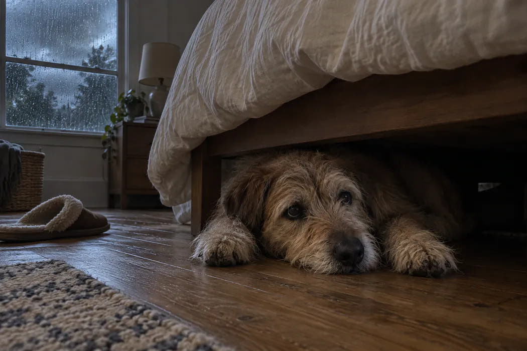 Her dog hiding under the bed while rain hits the window