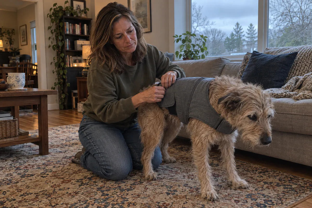 Jessica fitting a thunder vest on her dog
