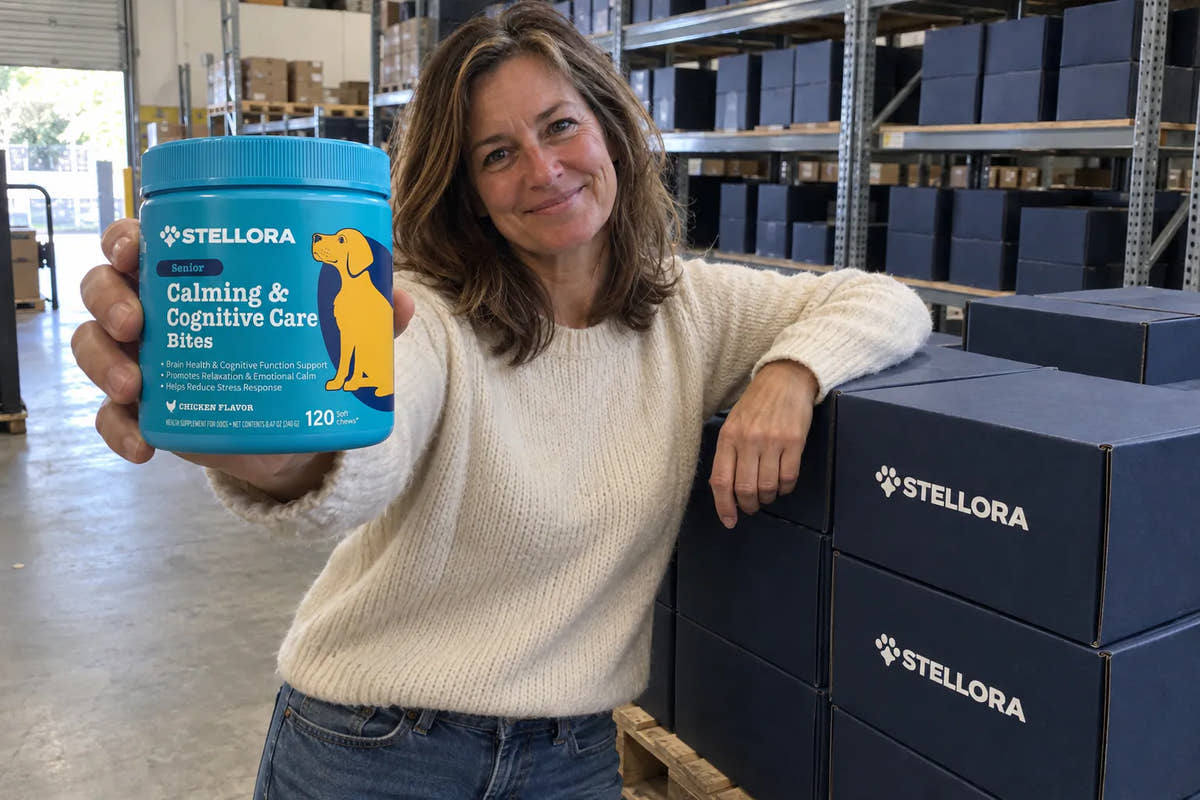 Jessica holding a jar in the warehouse beside stacked boxes