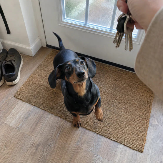A dog waiting alone at the door