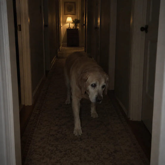 A dog awake and restless at night