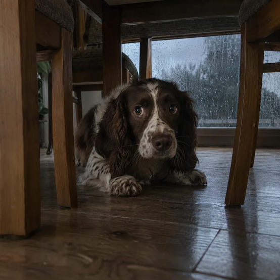 A dog hiding during a storm