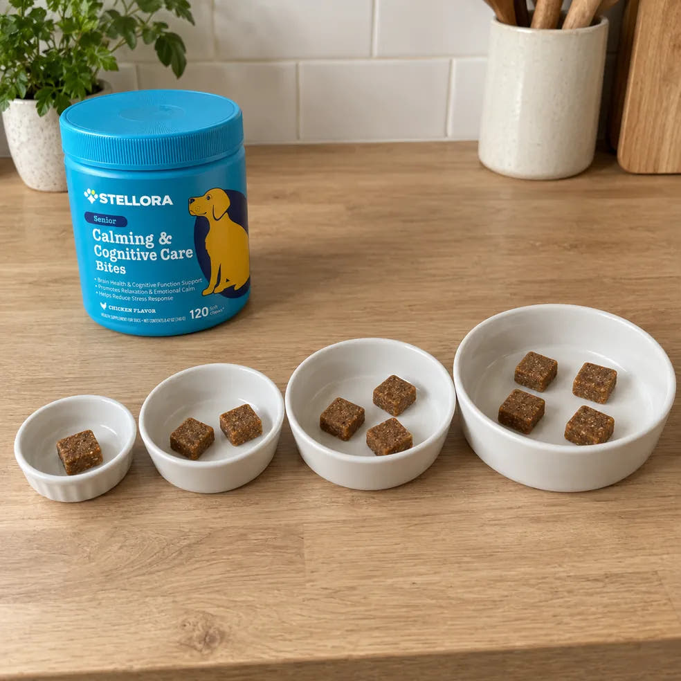 Soft chews portioned into four bowls by dog size