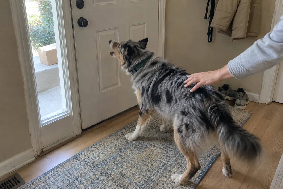A dog greeting guests at the front door