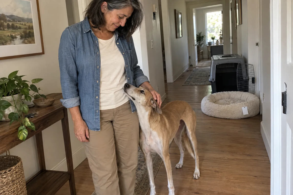 A rescue dog settling in at a new home