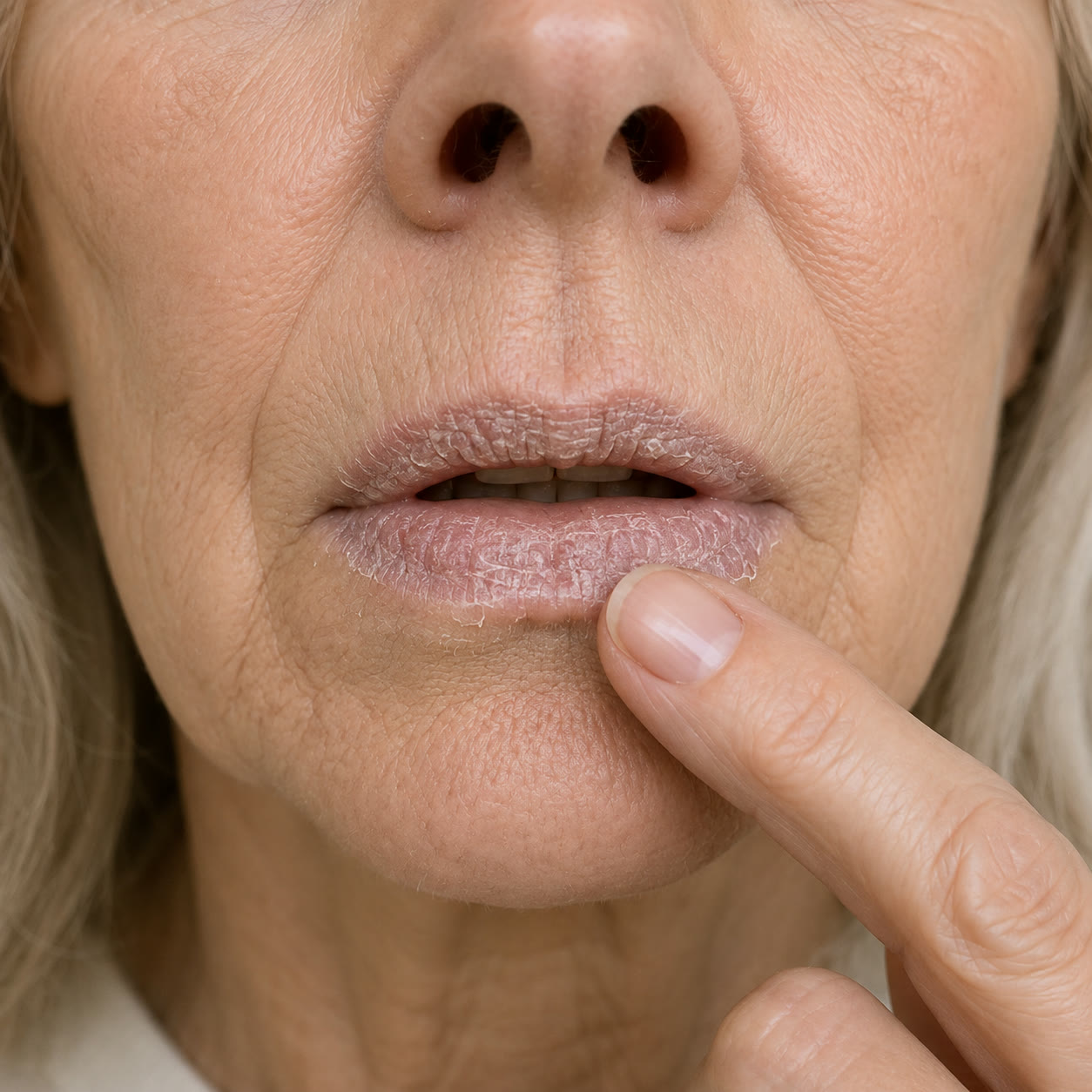 Dry, flaky mature lips before treatment