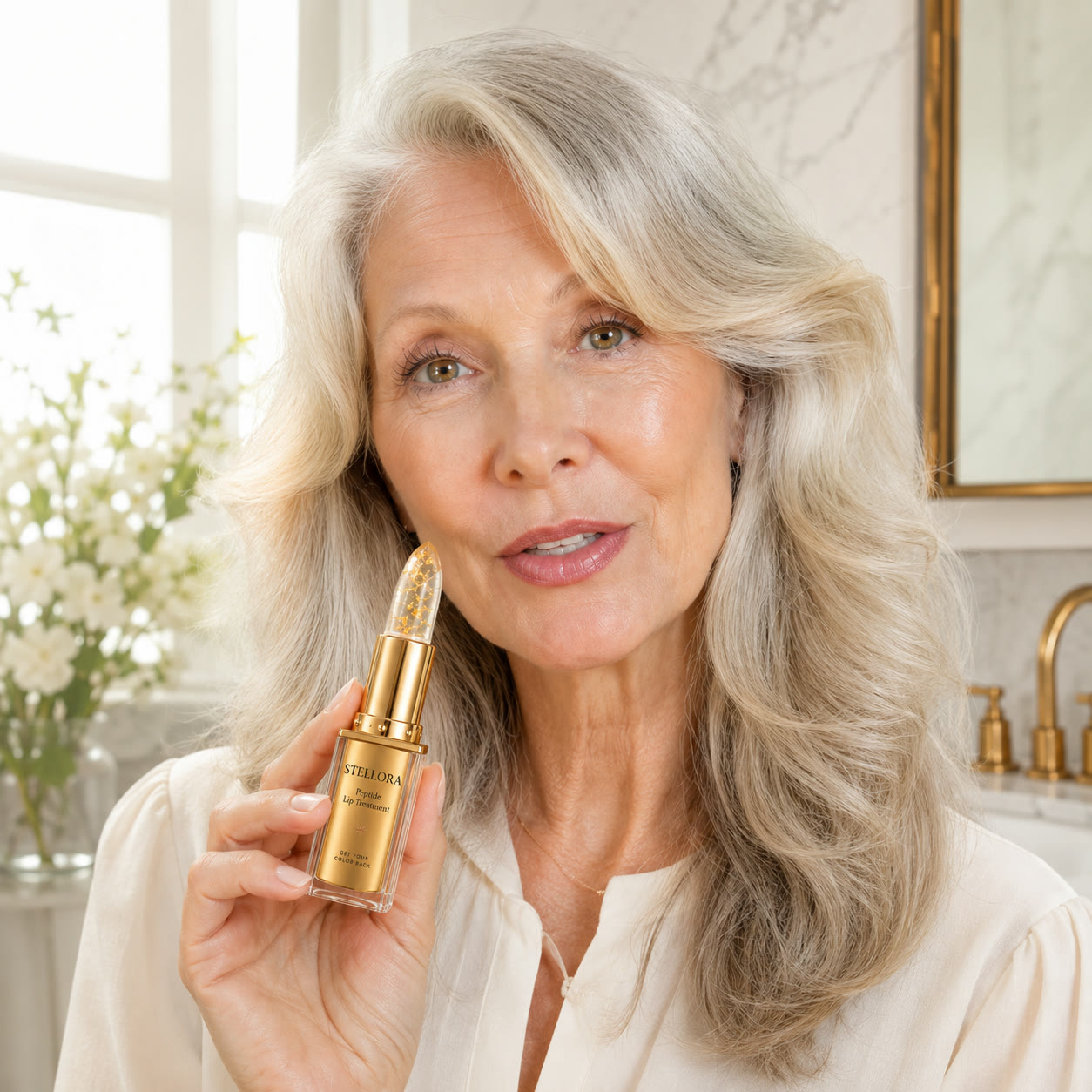 A woman holding her Stellora Peptide Lip Treatment